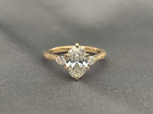 Oval Lab Diamond Ring - Floral Prong & Engraved Band - Pear Side Stones