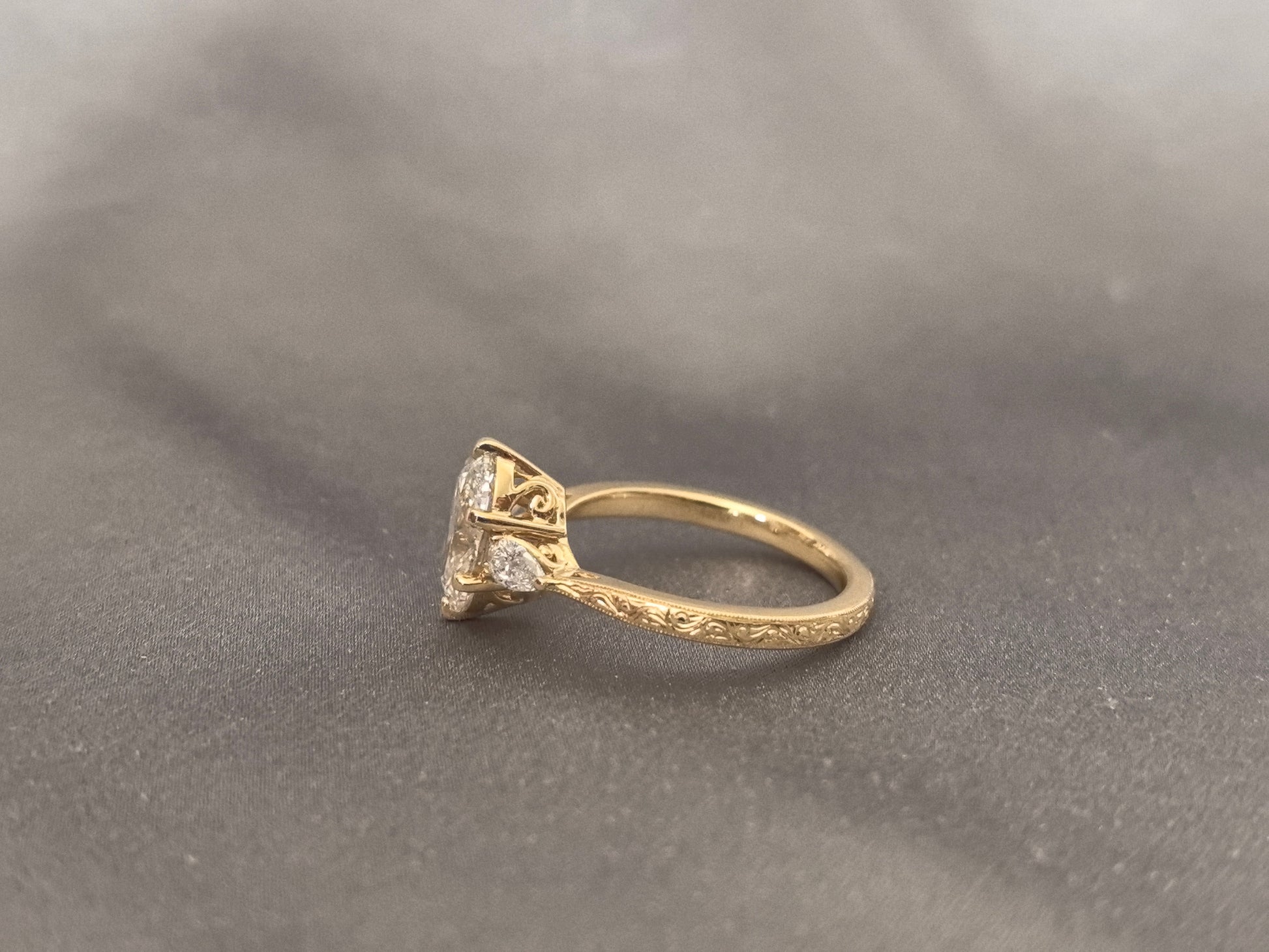 Oval Lab Diamond Ring - Floral Prong & Engraved Band - Pear Side Stones
