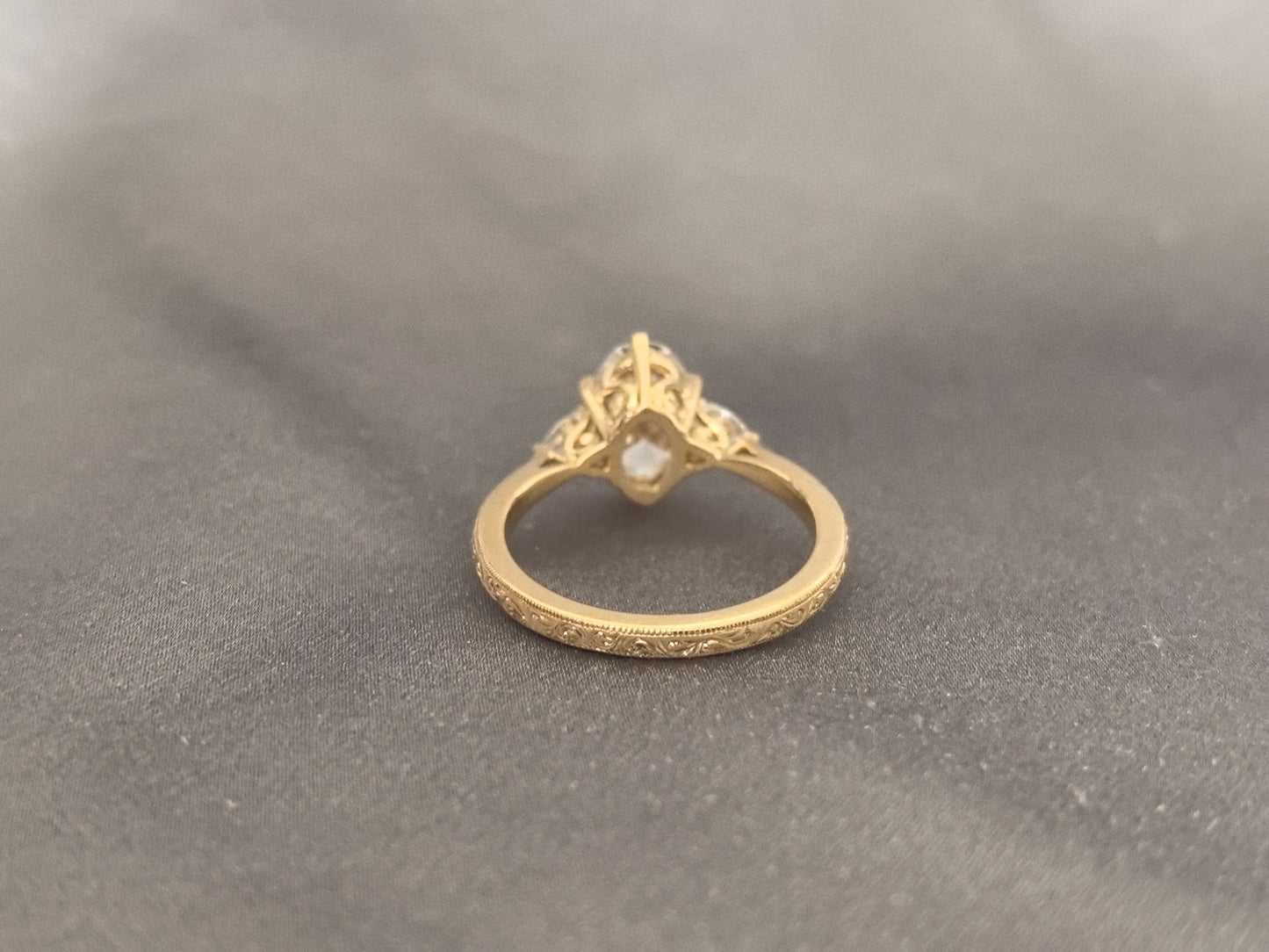 Oval Lab Diamond Ring - Floral Prong & Engraved Band - Pear Side Stones