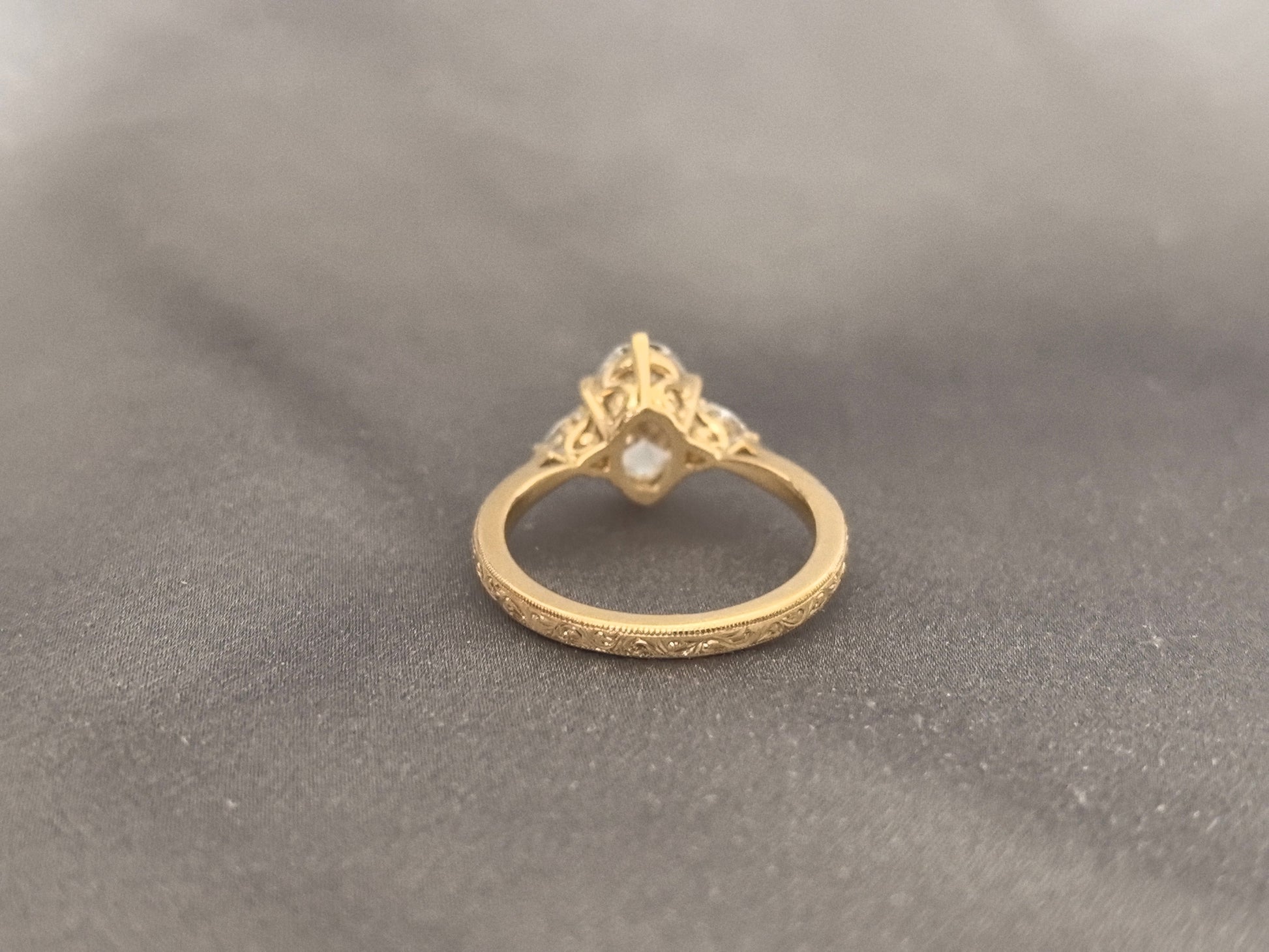 Oval Lab Diamond Ring - Floral Prong & Engraved Band - Pear Side Stones