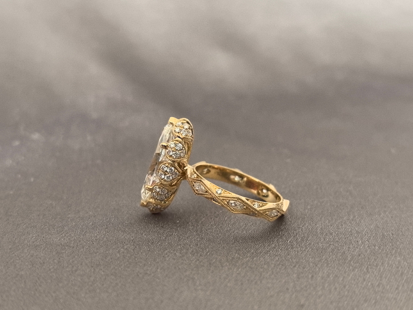 3-carat marquise-cut diamond ring - vintage carved design with scroll and lattice engraving - tulip-shaped setting