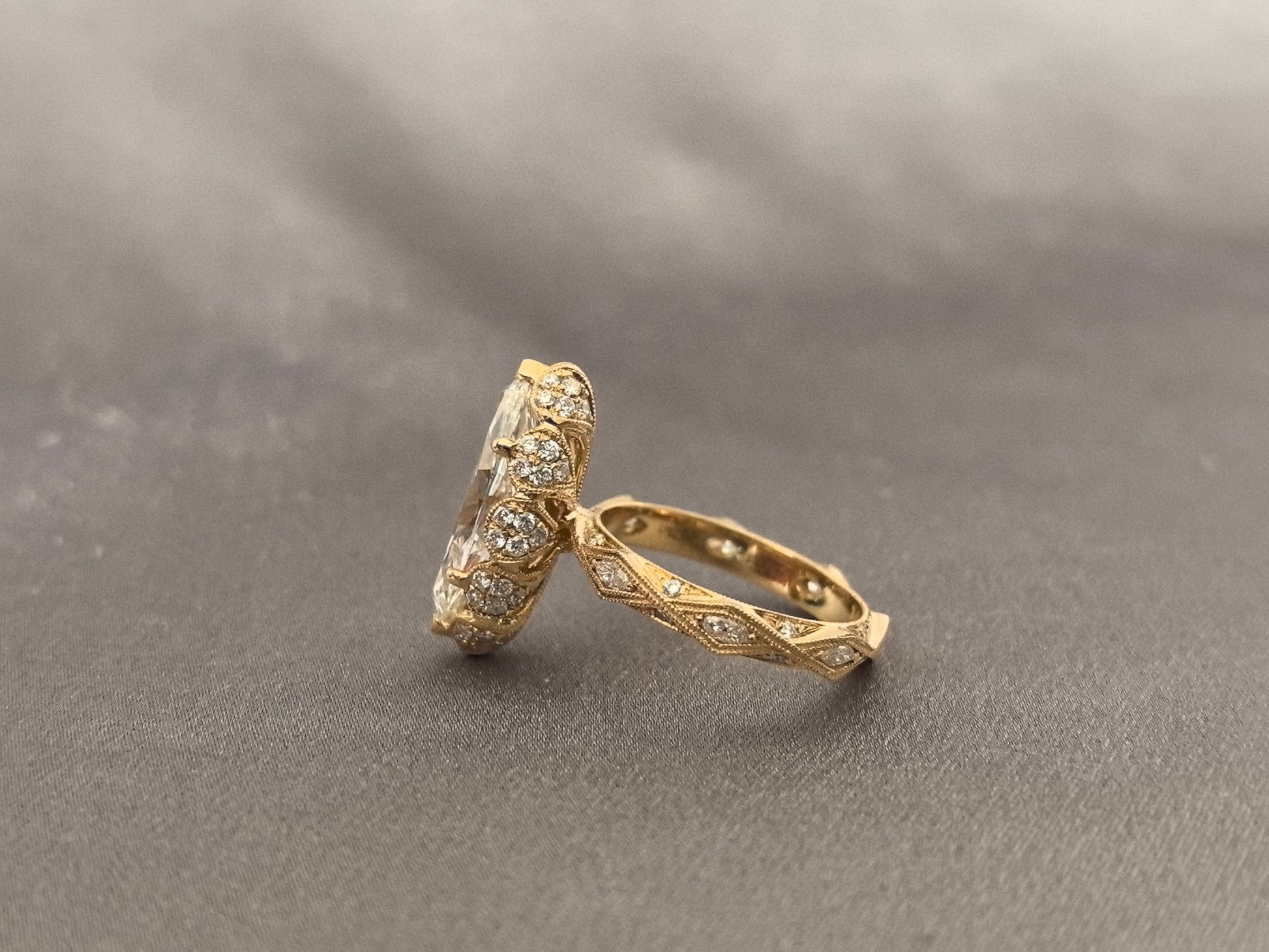 3-carat marquise-cut diamond ring - vintage carved design with scroll and lattice engraving - tulip-shaped setting