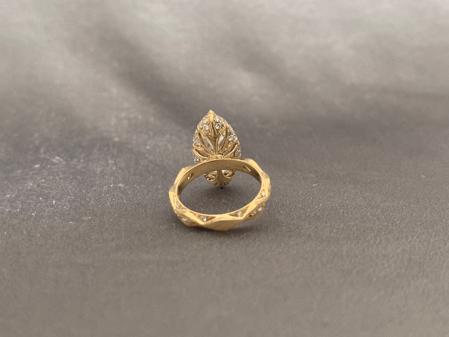 3-carat marquise-cut diamond ring - vintage carved design with scroll and lattice engraving - tulip-shaped setting