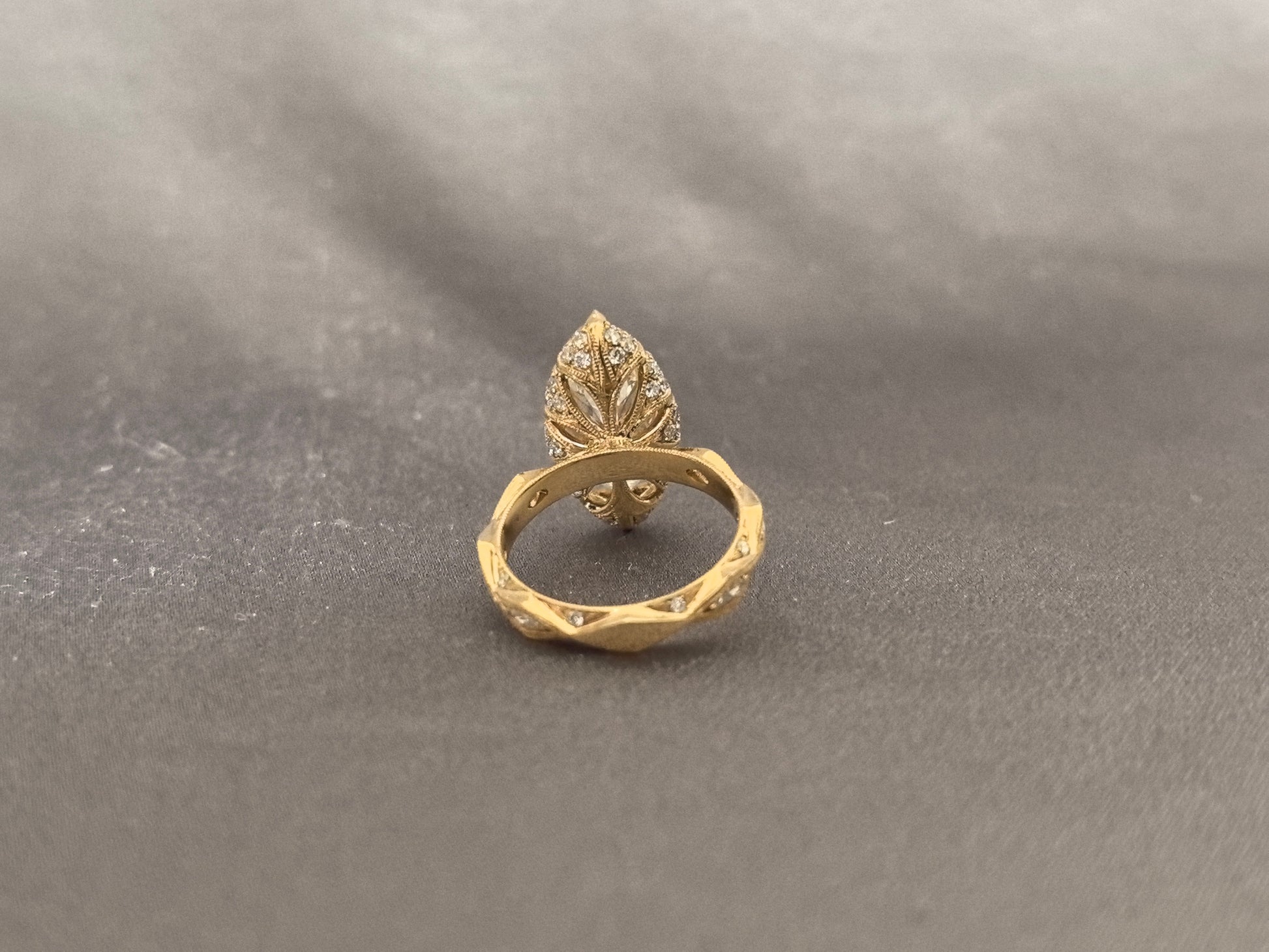 3-carat marquise-cut diamond ring - vintage carved design with scroll and lattice engraving - tulip-shaped setting