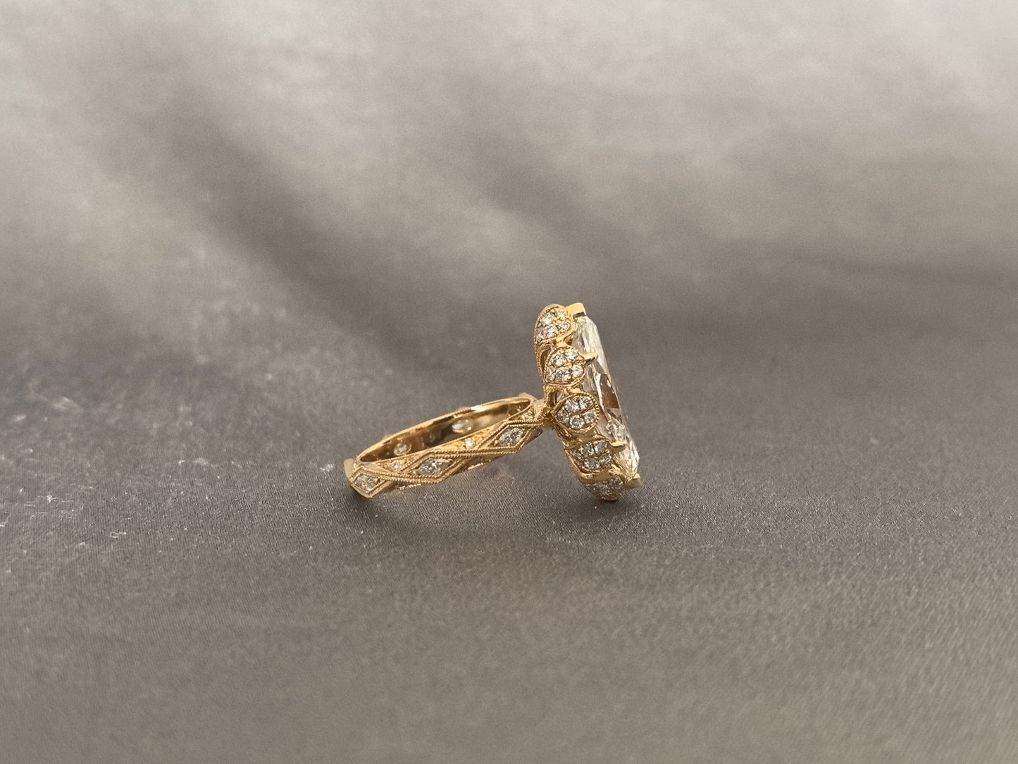 3-carat marquise-cut diamond ring - vintage carved design with scroll and lattice engraving - tulip-shaped setting