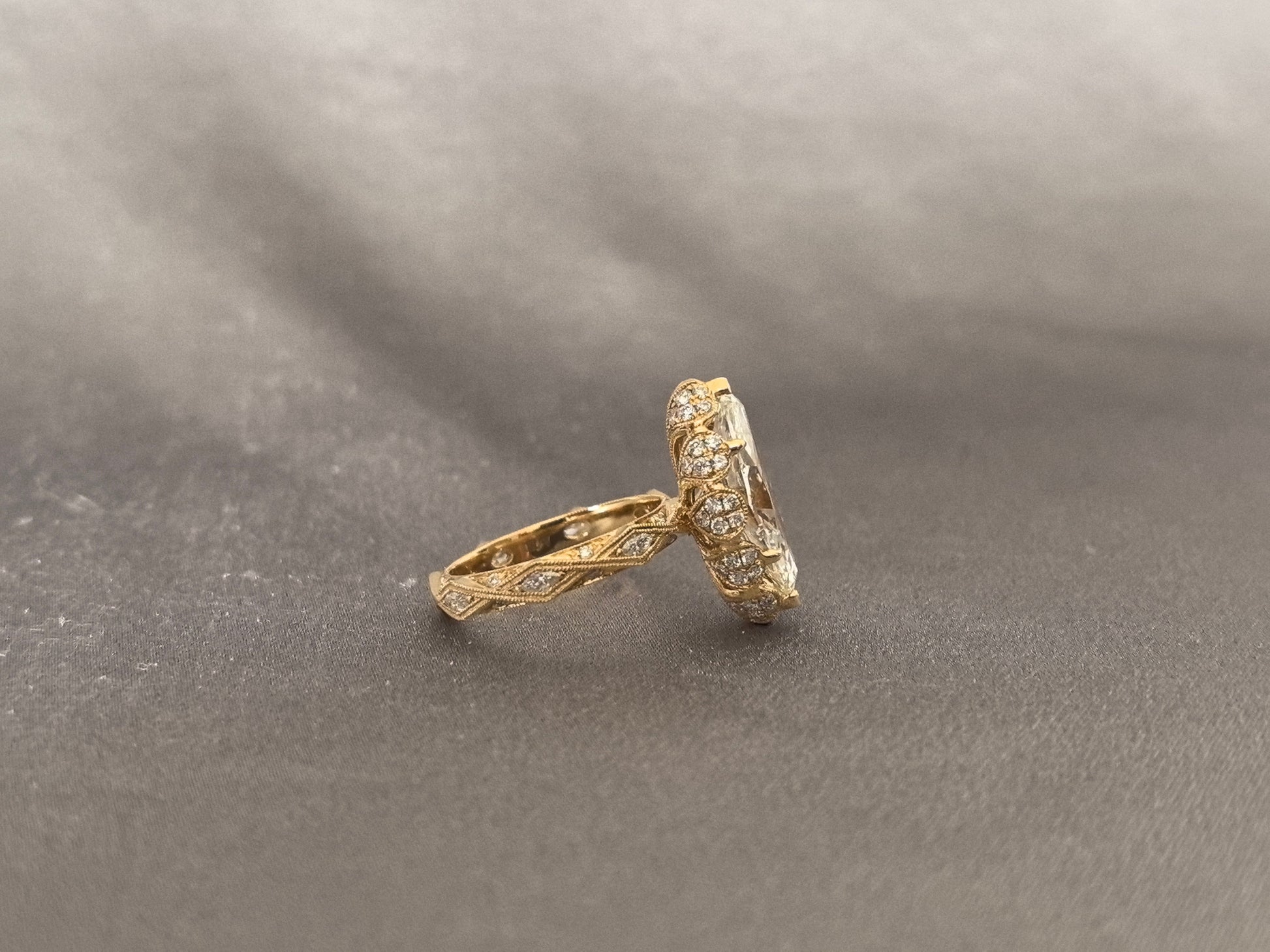 3-carat marquise-cut diamond ring - vintage carved design with scroll and lattice engraving - tulip-shaped setting