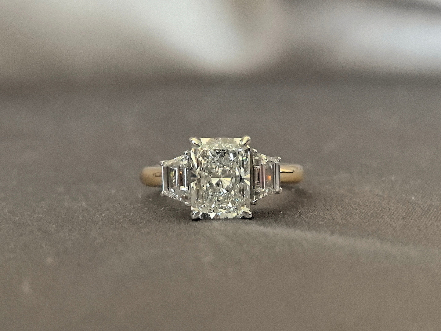 Radiant Cut Four-Prong Trilogy Lab Diamond - Emerald Side Stones - Vintage Design