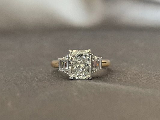 Radiant Cut Four-Prong Trilogy Lab Diamond - Emerald Side Stones - Vintage Design