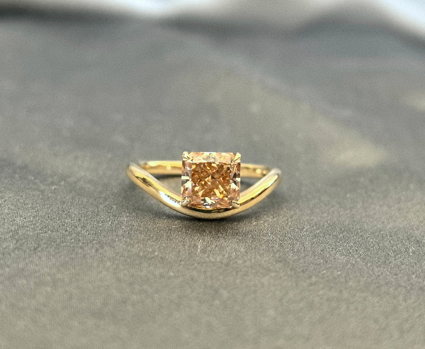 1.7 Carat Radiant Cut Brown Lab Diamond - Curved Pinky Ring - 14k Gold