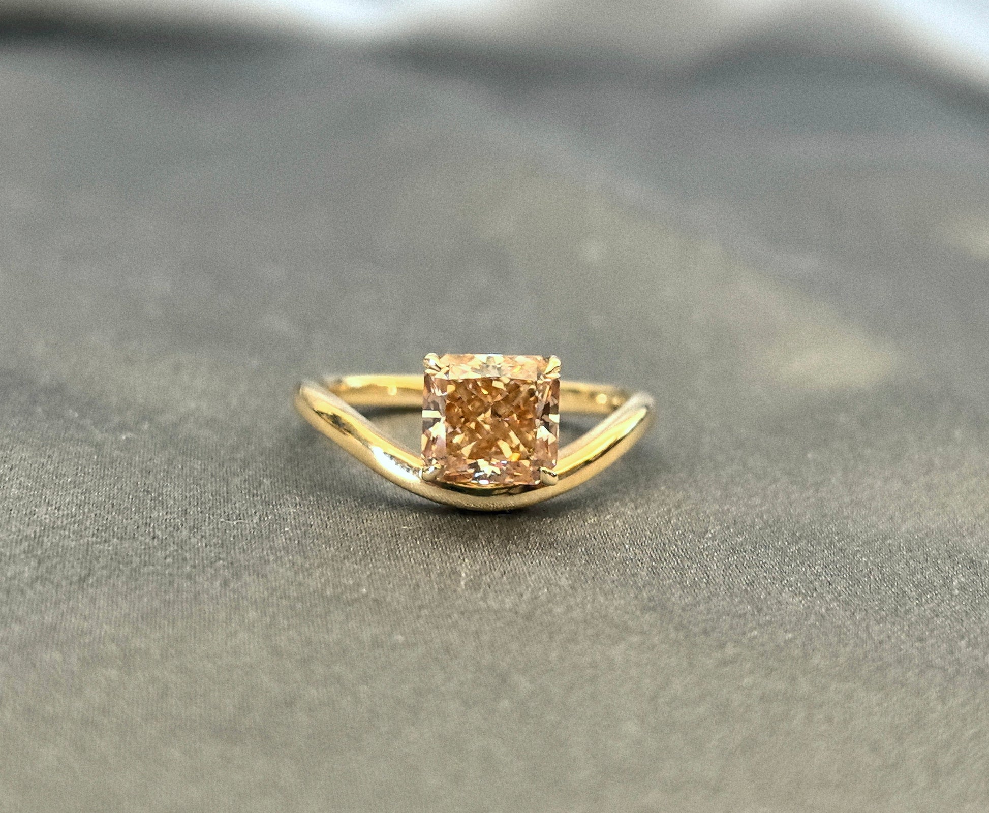1.7 Carat Radiant Cut Brown Lab Diamond - Curved Pinky Ring - 14k Gold