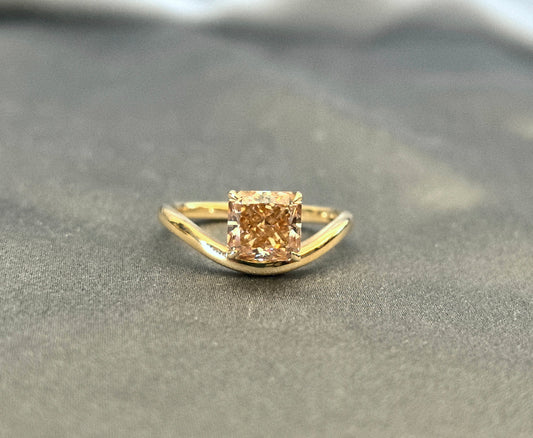 1.7 Carat Radiant Cut Brown Lab Diamond - Curved Pinky Ring - 14k Gold