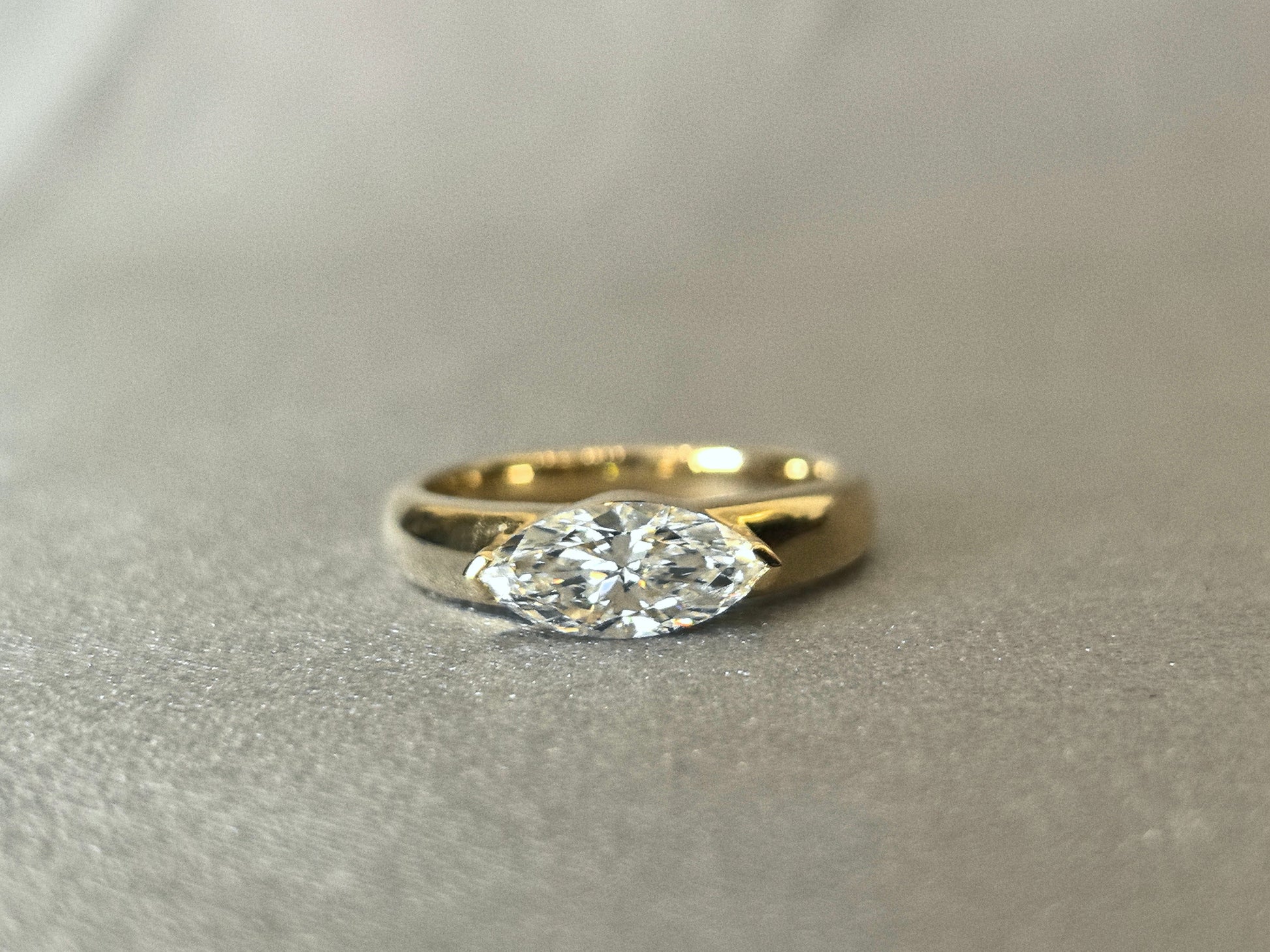14K Gold Plain Band - Horizontal Marquise Diamond - Modern Solitaire