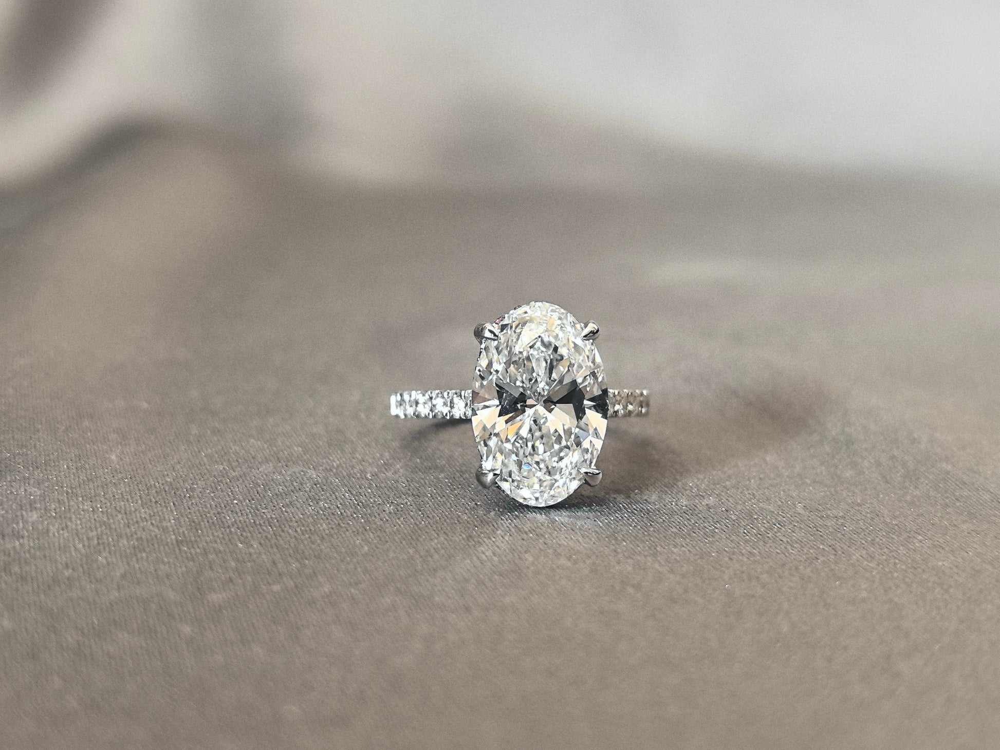 Oval Cut Lab Diamond Ring - 4 Prong Solitaire Pave Band - Classic Pink Halo