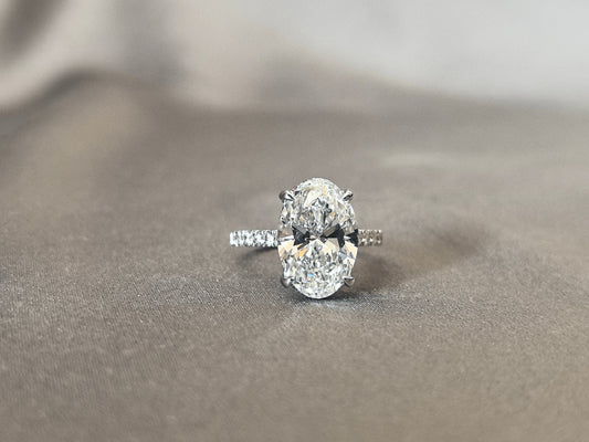 Oval Cut Lab Diamond Ring - 4 Prong Solitaire Pave Band - Classic Pink Halo