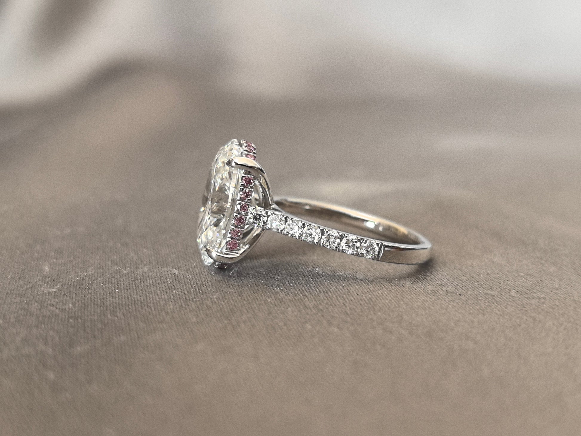 Oval Cut Lab Diamond Ring - 4 Prong Solitaire Pave Band - Classic Pink Halo