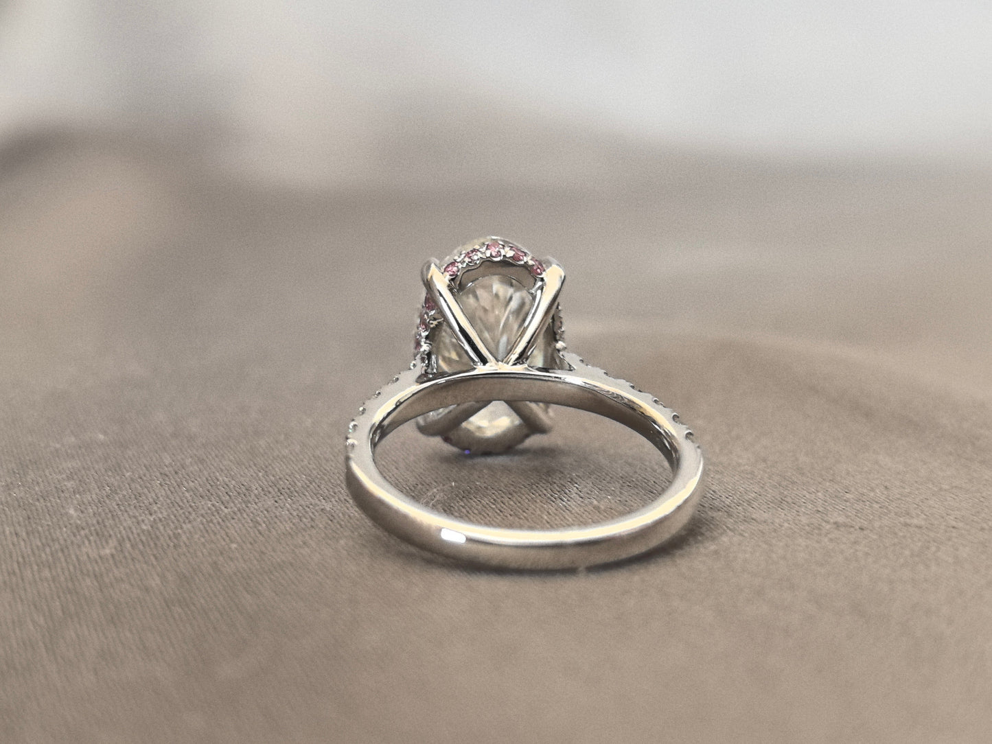Oval Cut Lab Diamond Ring - 4 Prong Solitaire Pave Band - Classic Pink Halo