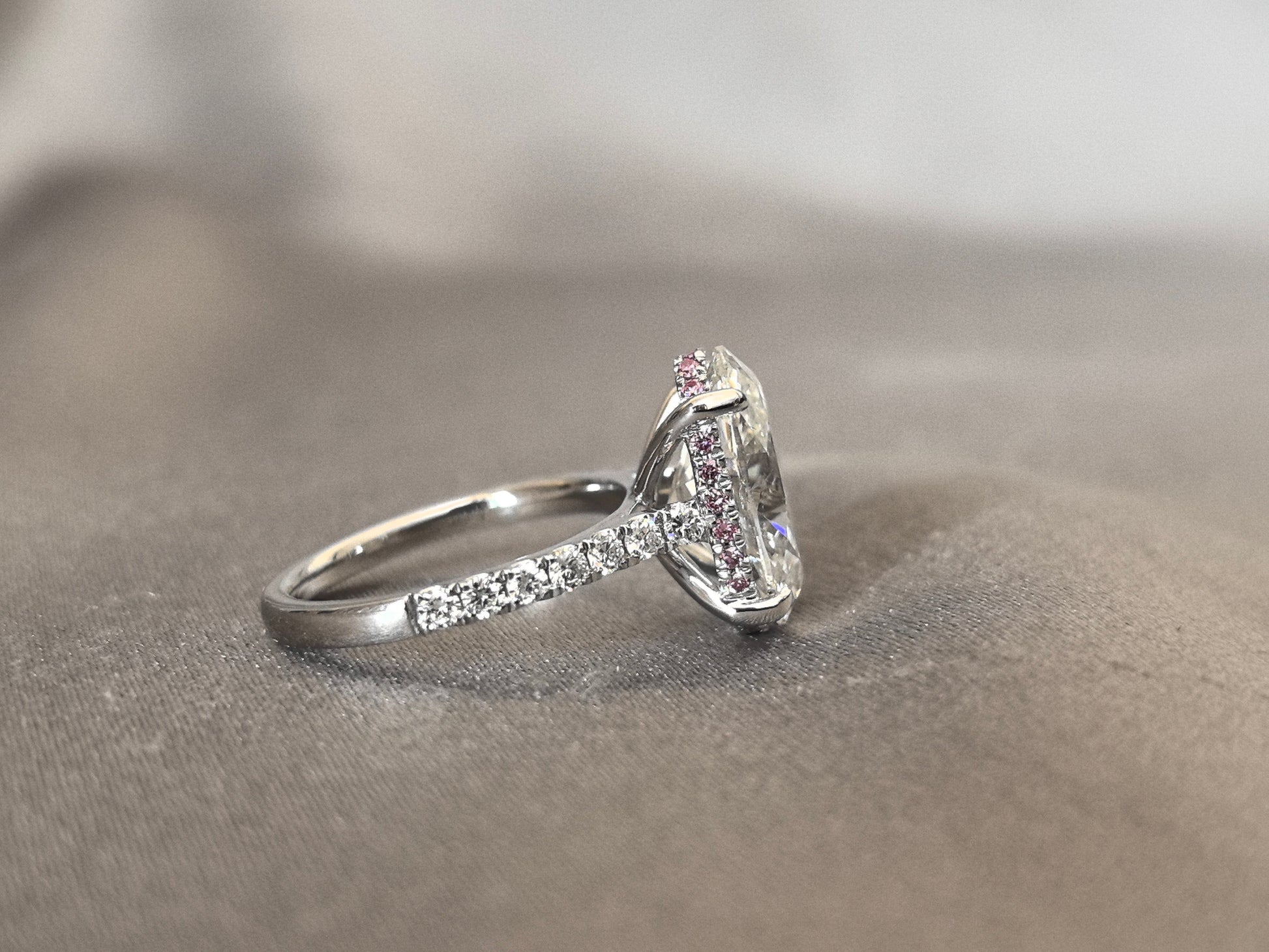 Oval Cut Lab Diamond Ring - 4 Prong Solitaire Pave Band - Classic Pink Halo