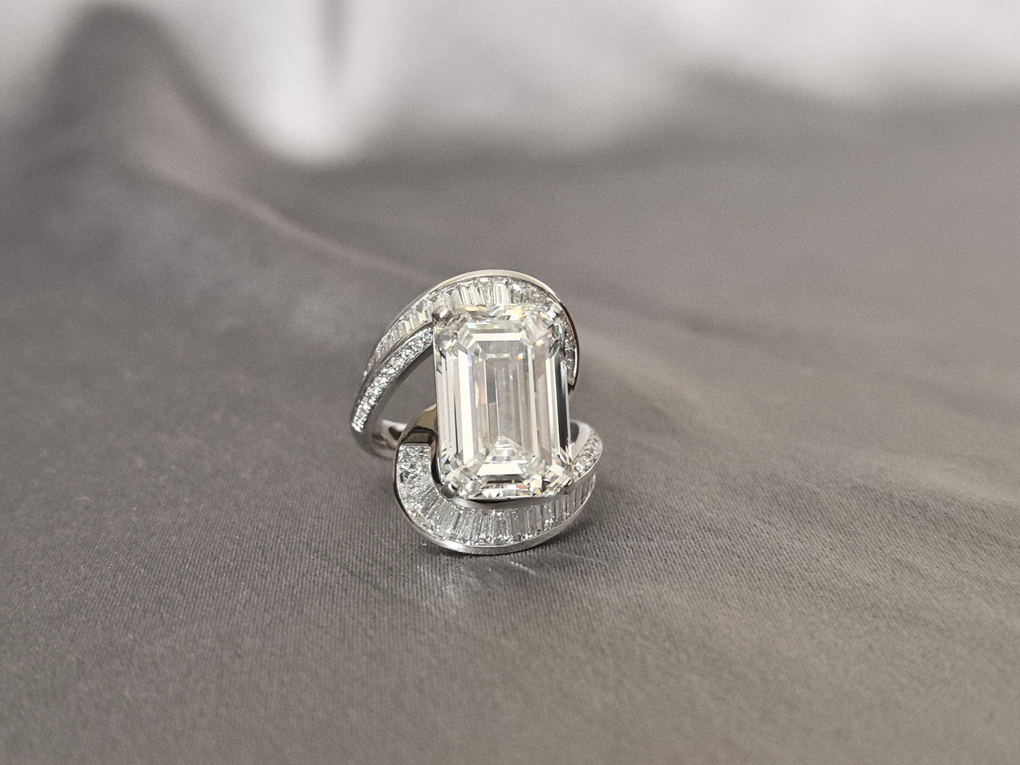 10 Carat Emerald Cut - Half-Loop Small Emeralds and Round Diamonds - Upper and Lower Half-Loop Surround Design