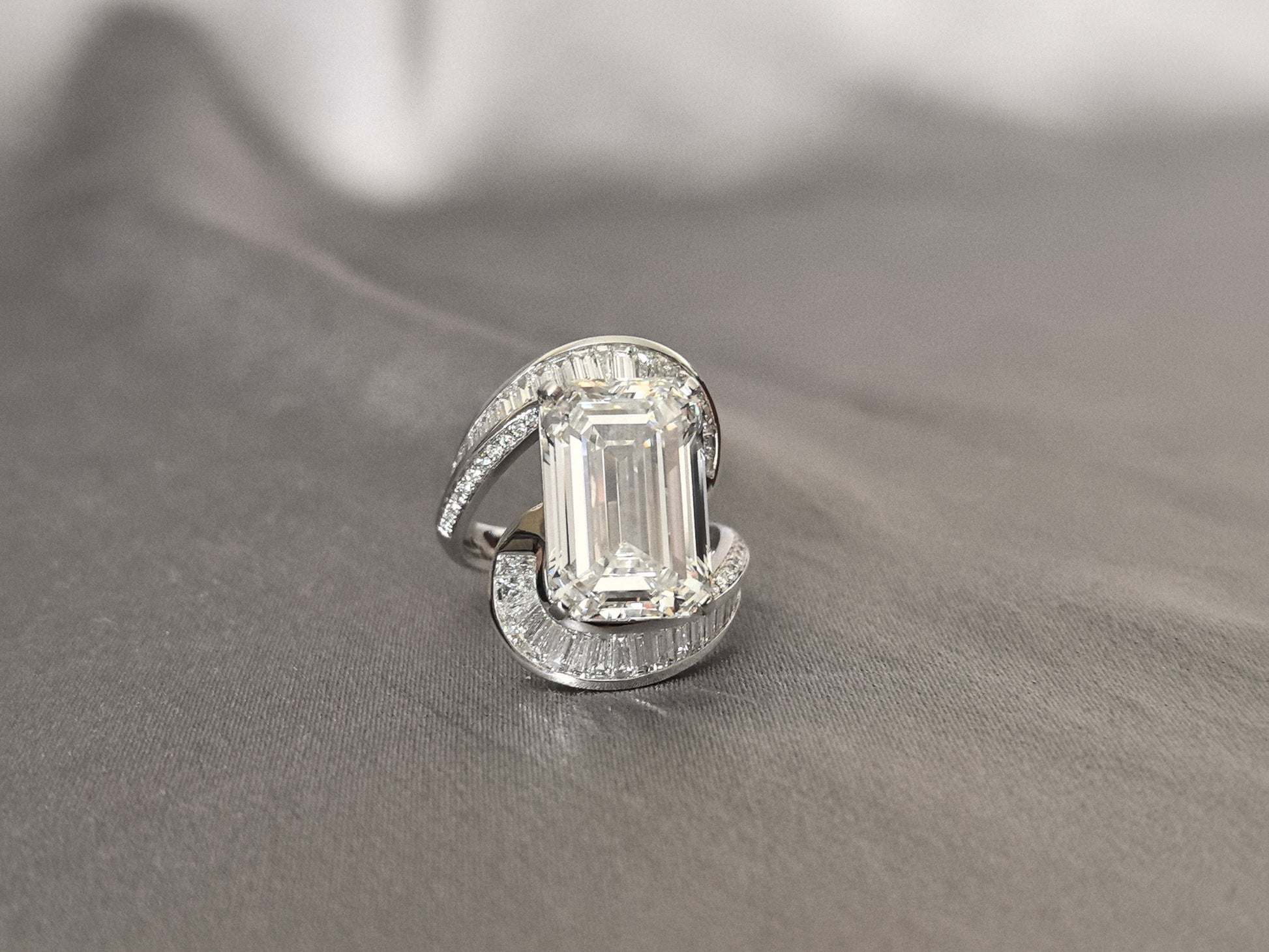 10 Carat Emerald Cut - Half-Loop Small Emeralds and Round Diamonds - Upper and Lower Half-Loop Surround Design