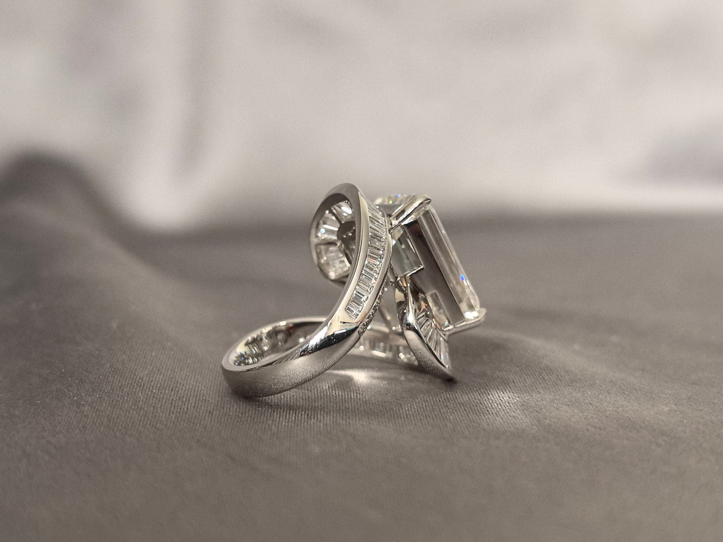 10 Carat Emerald Cut - Half-Loop Small Emeralds and Round Diamonds - Upper and Lower Half-Loop Surround Design