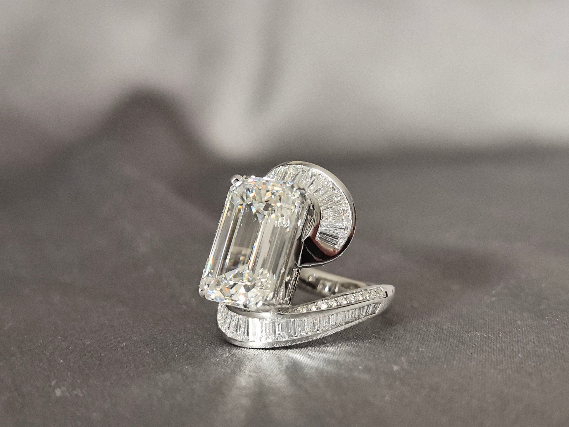 10 Carat Emerald Cut - Half-Loop Small Emeralds and Round Diamonds - Upper and Lower Half-Loop Surround Design