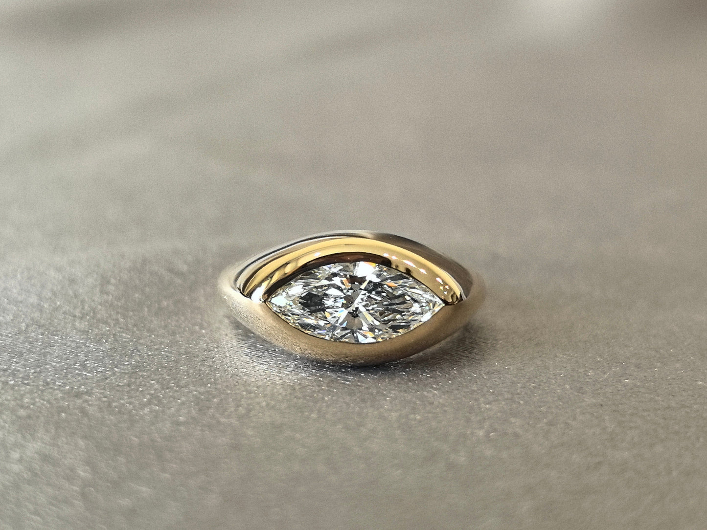 14K Thick Gold Polished Ring - Marquise Cut Diamond - Modern Solitaire Style