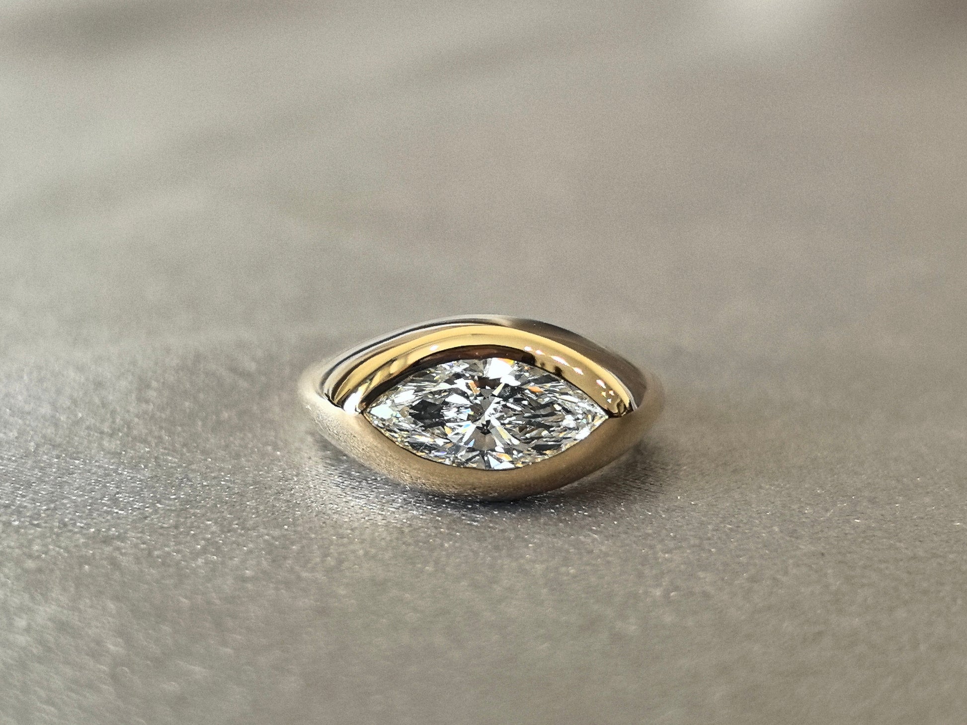 14K Thick Gold Polished Ring - Marquise Cut Diamond - Modern Solitaire Style