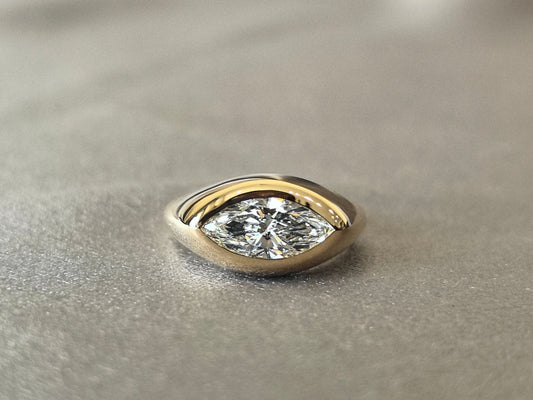 14K Thick Gold Polished Ring - Marquise Cut Diamond - Modern Solitaire Style