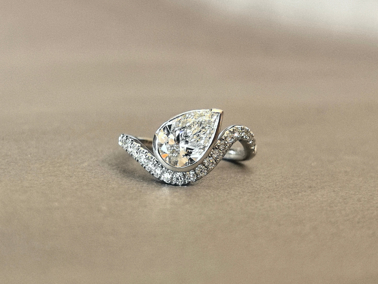 14K Gold Polished Ring - Horizontal pear Diamond - Modern Solitaire Ring
