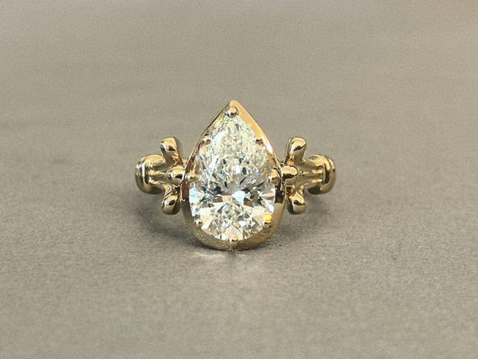 Ornate Pear-Cut Diamond Ring - Vintage-Inspired Engagement Ring - Decorative Accent Arms Ring