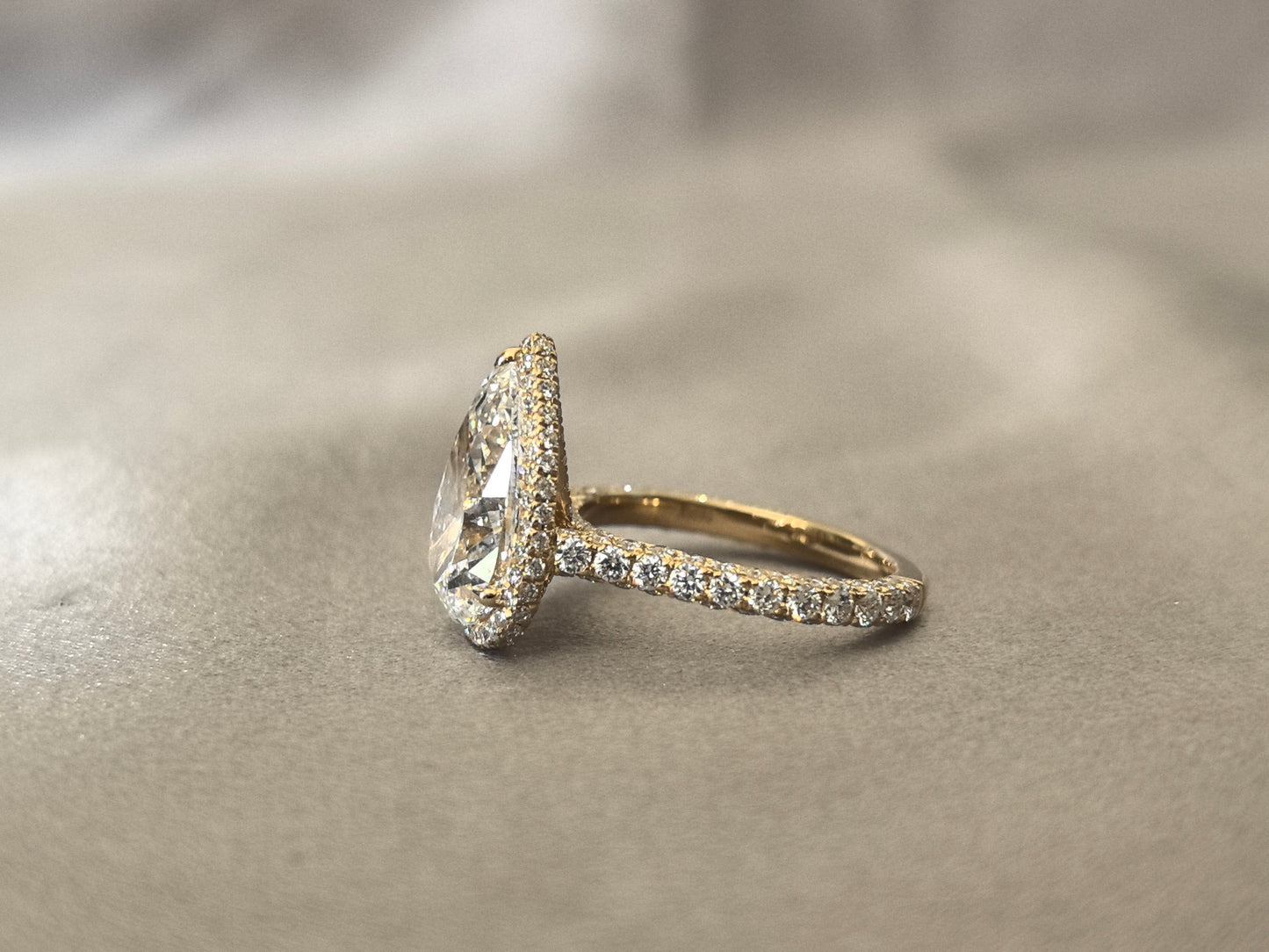 4 Carat Pear-Shaped Lab Diamond Ring - 14K Yellow Gold - 2mm Band Width