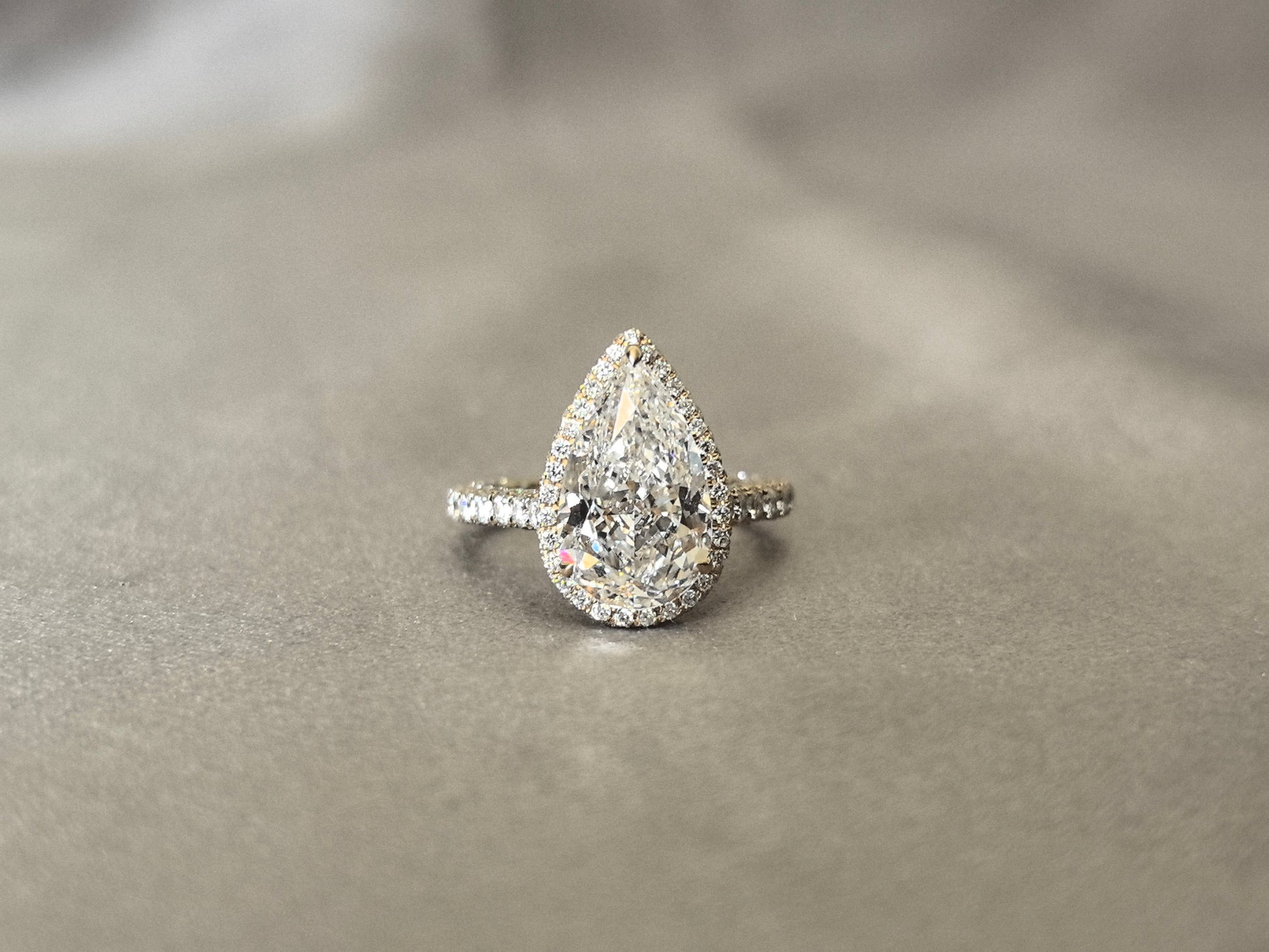 4 Carat Pear-Shaped Lab Diamond Ring - 14K Yellow Gold - 2mm Band Width