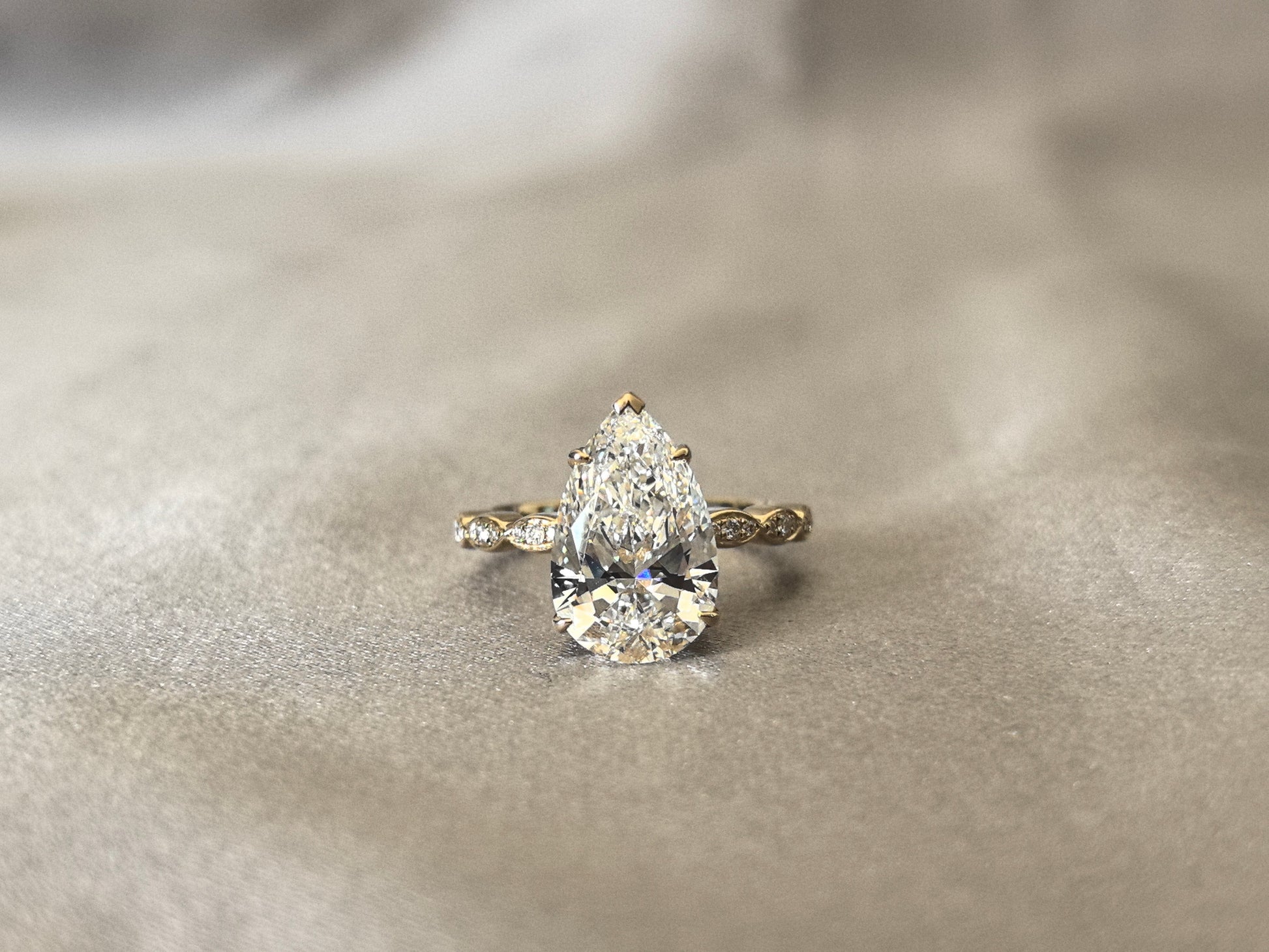 Carat Pear-Shaped Lab Diamond Ring - Triple Marquise-Style Round Diamond Accents on Each Side - Symmetrical Cluster Desi