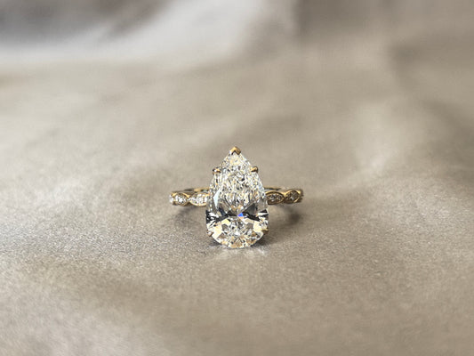 Carat Pear-Shaped Lab Diamond Ring - Triple Marquise-Style Round Diamond Accents on Each Side - Symmetrical Cluster Desi