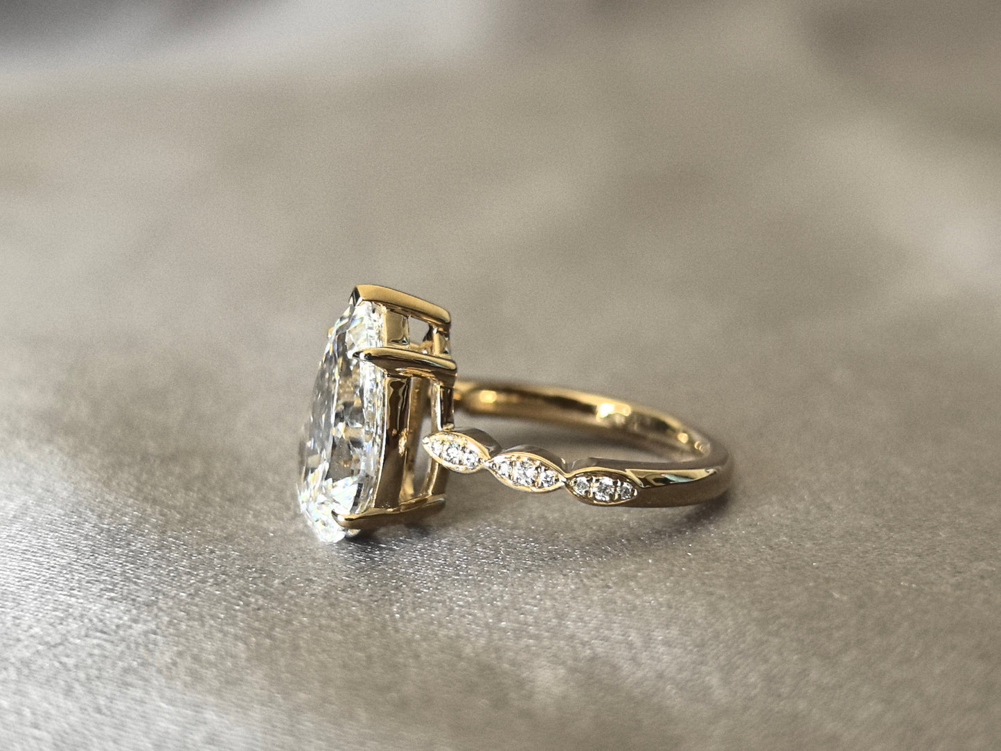 Carat Pear-Shaped Lab Diamond Ring - Triple Marquise-Style Round Diamond Accents on Each Side - Symmetrical Cluster Desi