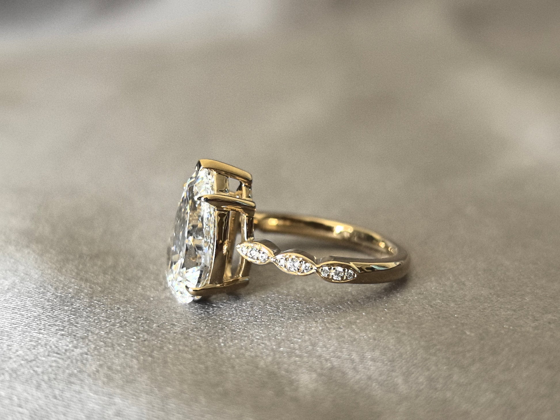 Carat Pear-Shaped Lab Diamond Ring - Triple Marquise-Style Round Diamond Accents on Each Side - Symmetrical Cluster Desi