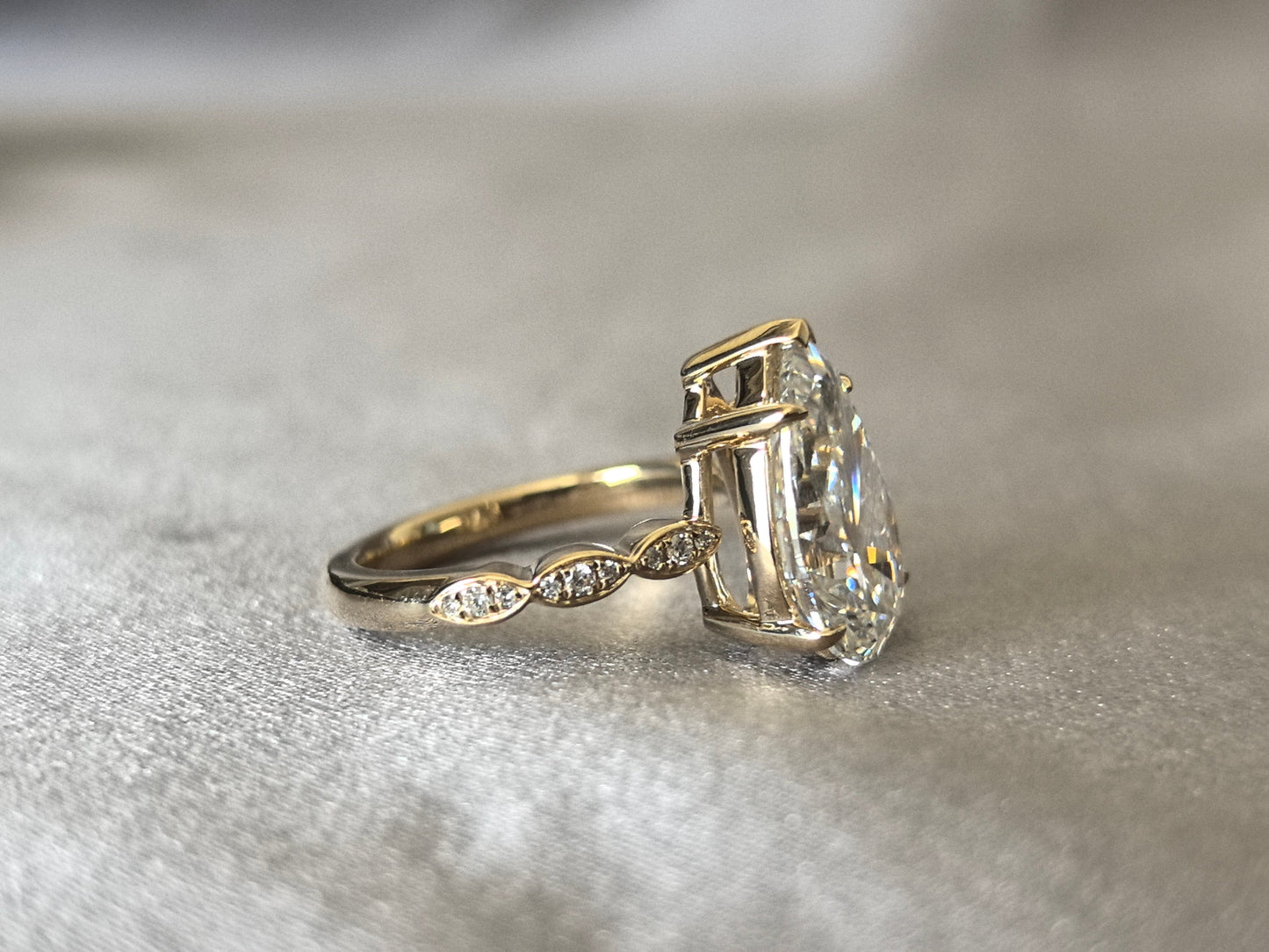 Carat Pear-Shaped Lab Diamond Ring - Triple Marquise-Style Round Diamond Accents on Each Side - Symmetrical Cluster Desi