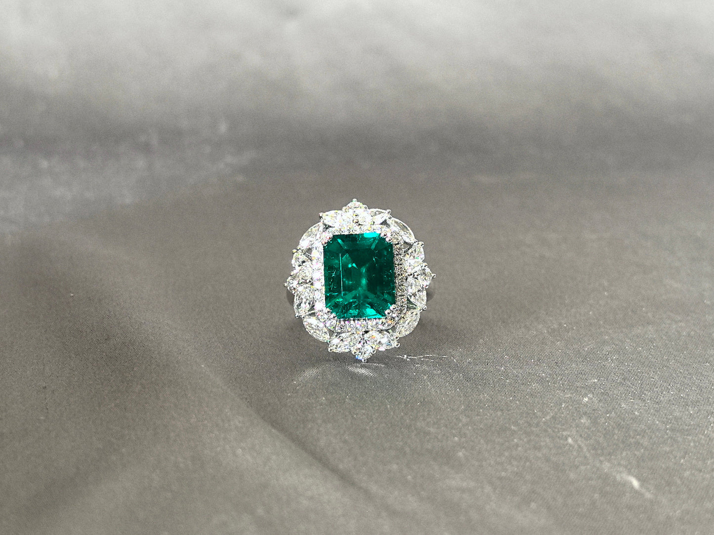 5 Carat Emerald Ring - 14K White Gold Ring - Lab Grown Emerald RingMarquise & Round Diamond Halo
