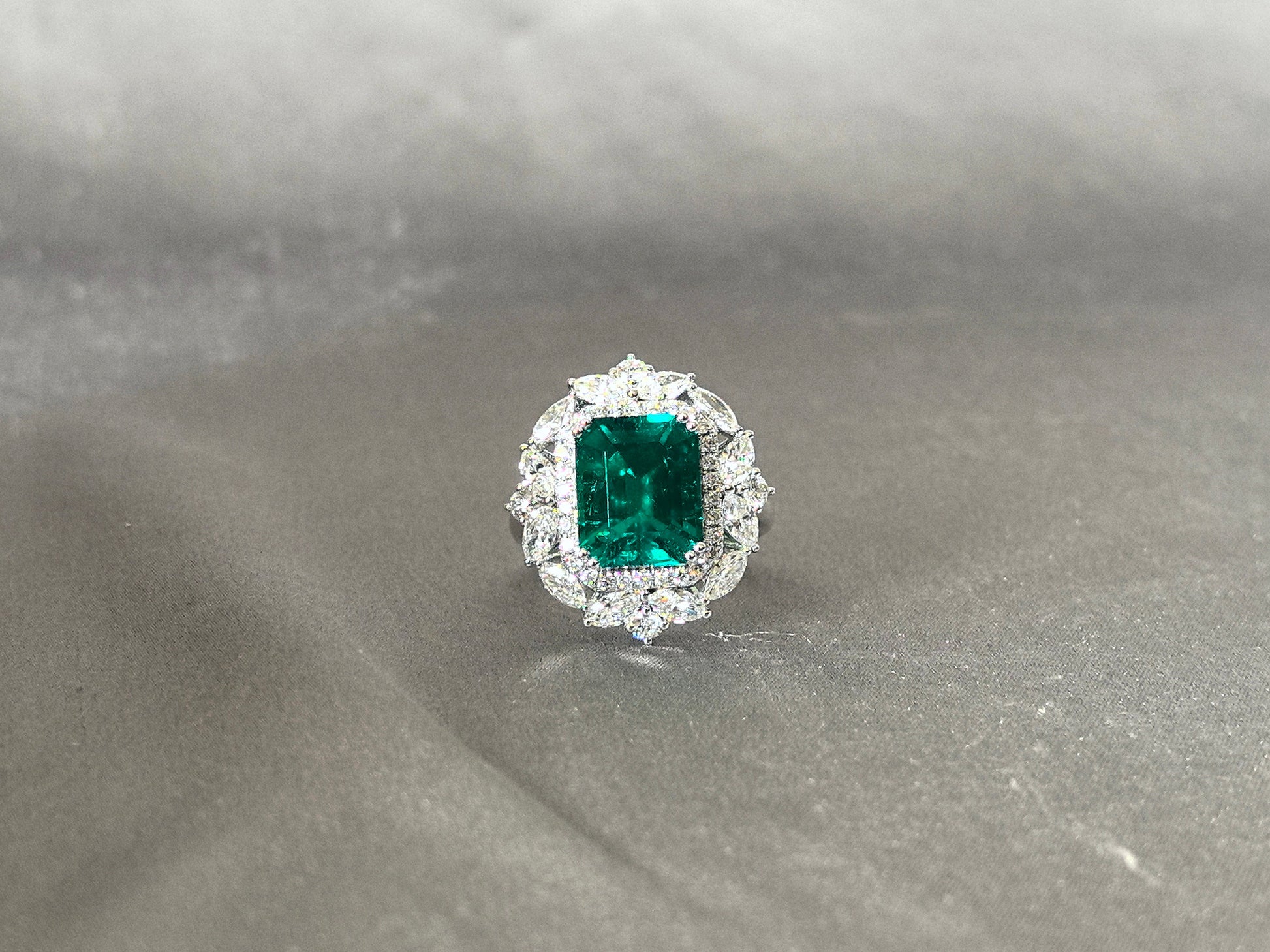 5 Carat Emerald Ring - 14K White Gold Ring - Lab Grown Emerald RingMarquise & Round Diamond Halo