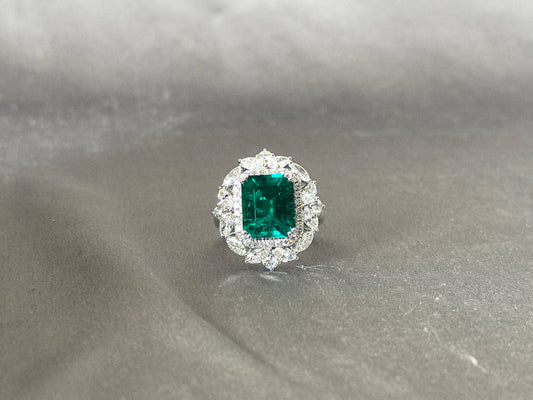 5 Carat Emerald Ring - 14K White Gold Ring - Lab Grown Emerald RingMarquise & Round Diamond Halo