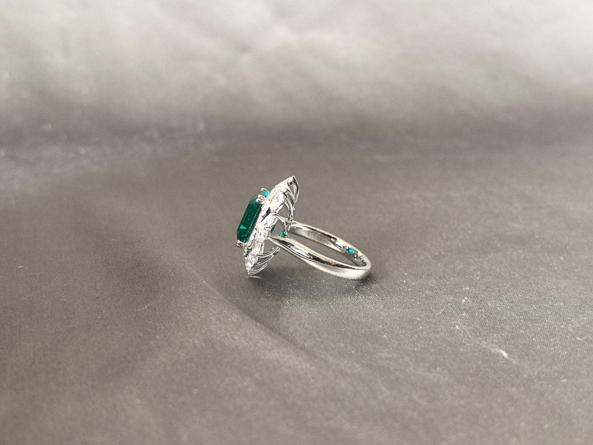 5 Carat Emerald Ring - 14K White Gold Ring - Lab Grown Emerald RingMarquise & Round Diamond Halo