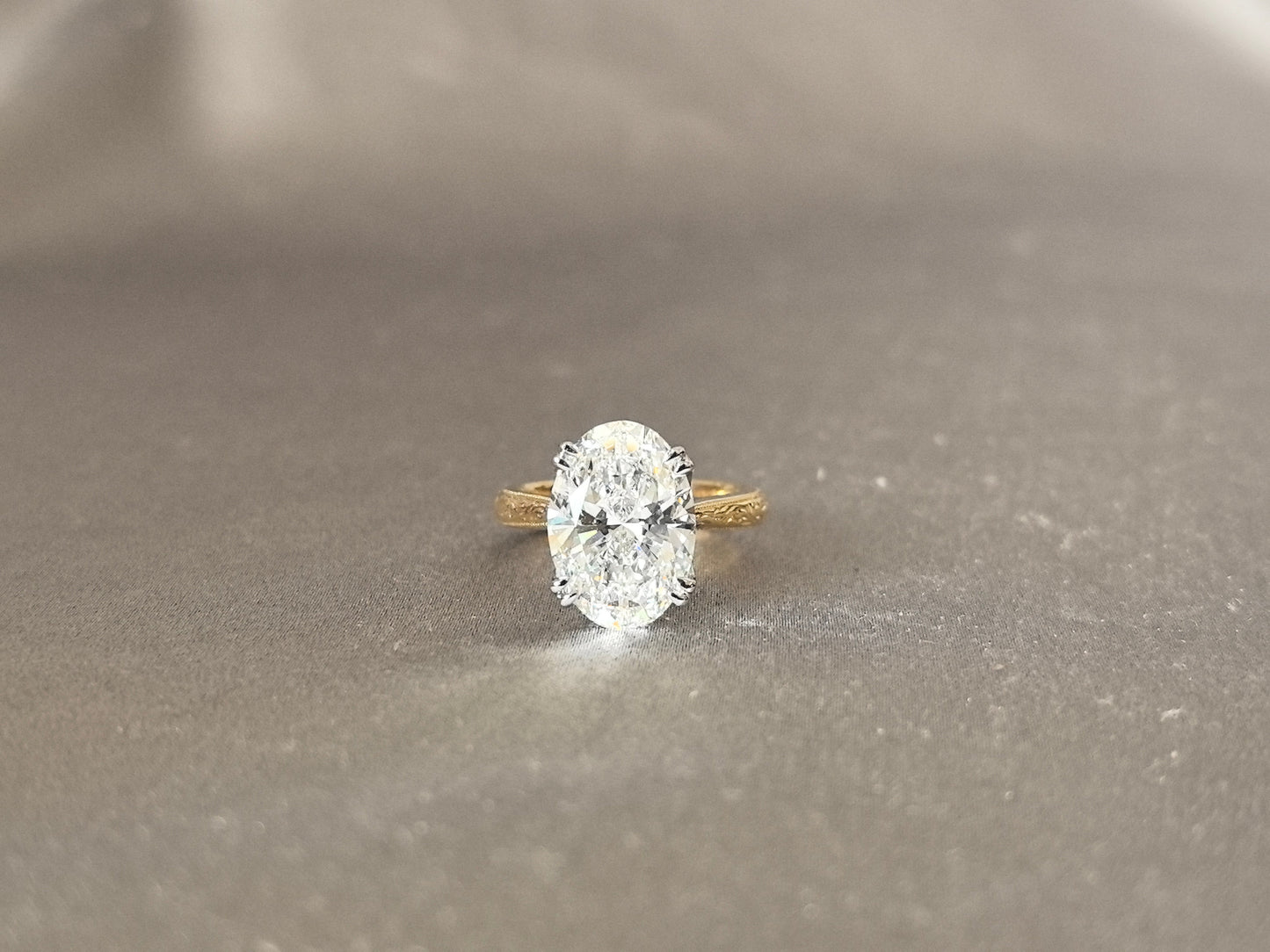 Oval Diamond - Four Prong Setting - Round Shank with Fine Engraving