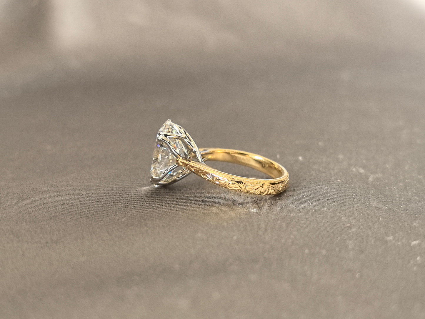 Oval Diamond - Four Prong Setting - Round Shank with Fine Engraving