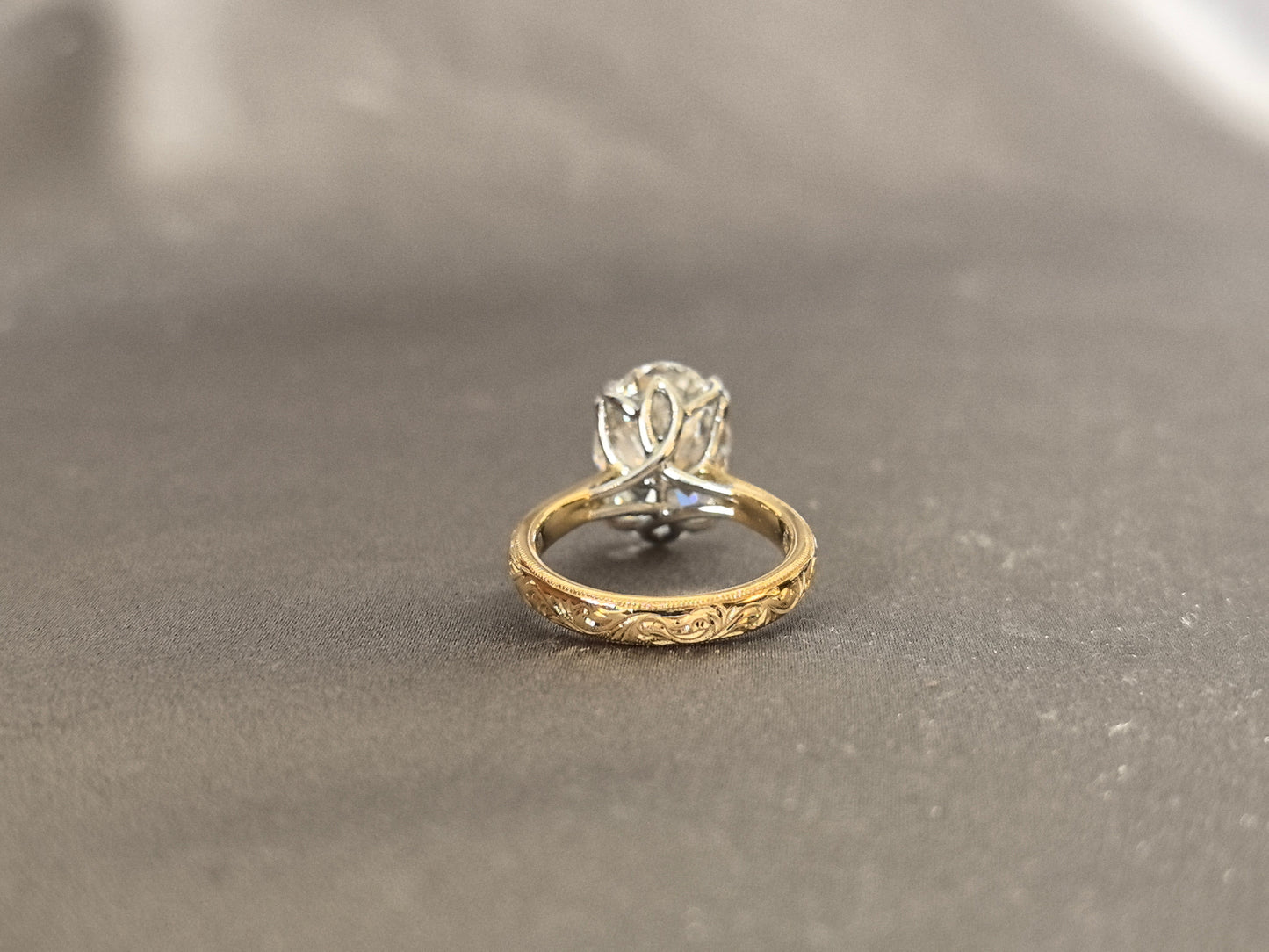Oval Diamond - Four Prong Setting - Round Shank with Fine Engraving