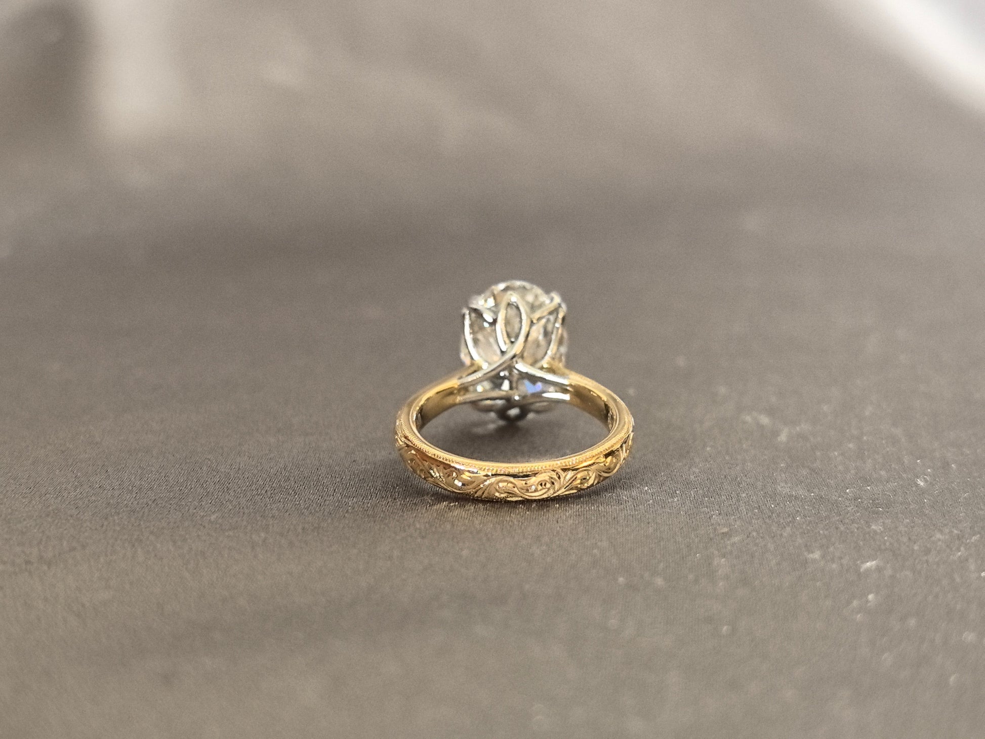 Oval Diamond - Four Prong Setting - Round Shank with Fine Engraving