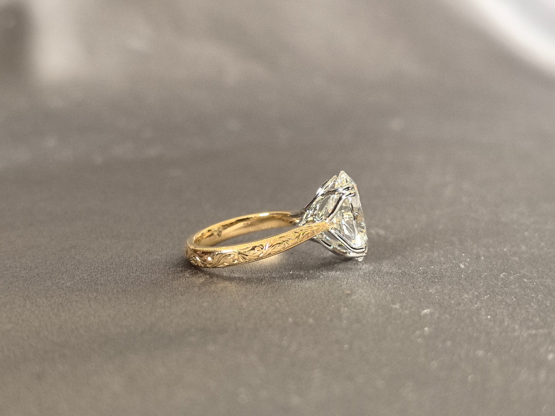 Oval Diamond - Four Prong Setting - Round Shank with Fine Engraving