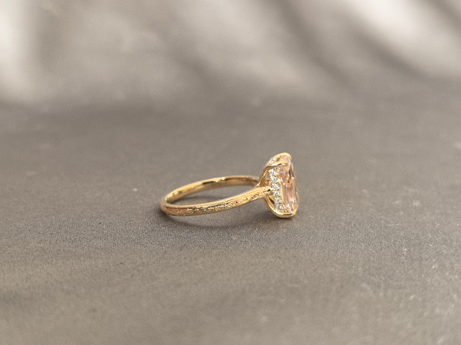 Cushion Cut Pink Diamond - Four Prong Setting - Round Shank with Fine Engraving