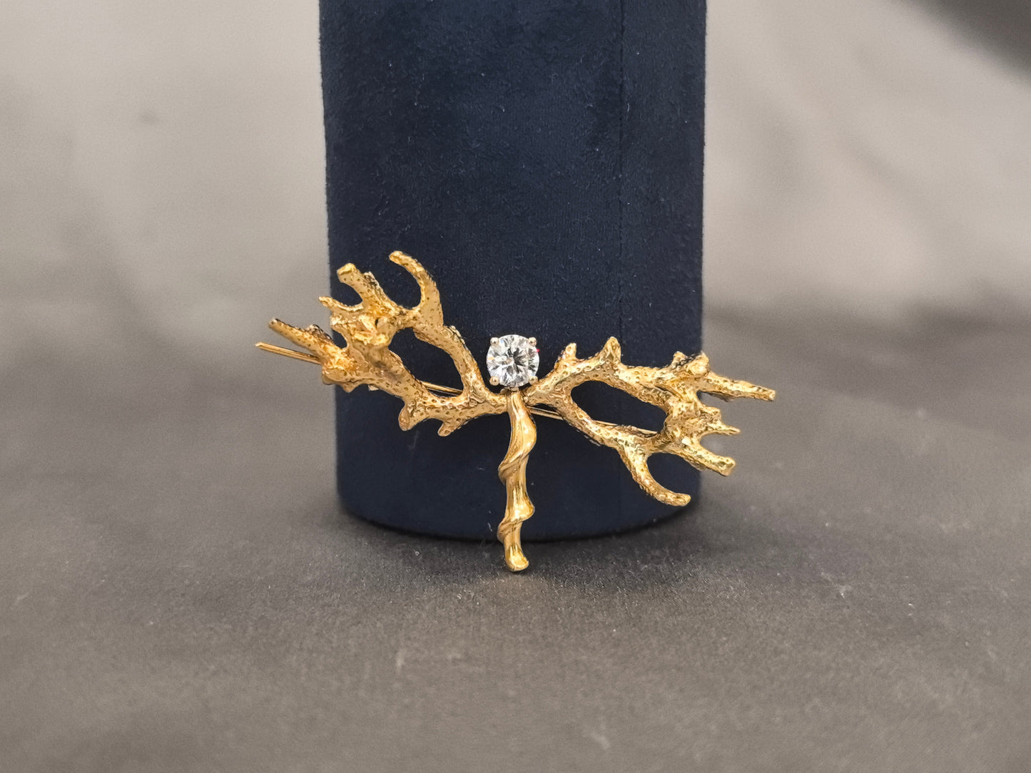 Twig & Branch Lab Diamond Brooch - Solid Yellow Gold Setting - Organic Twig & Branch Textured Design