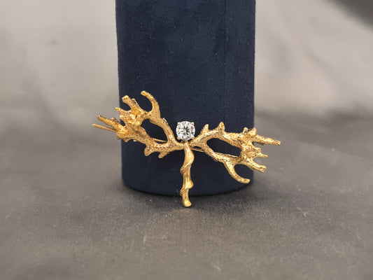 Twig & Branch Lab Diamond Brooch - Solid Yellow Gold Setting - Organic Twig & Branch Textured Design