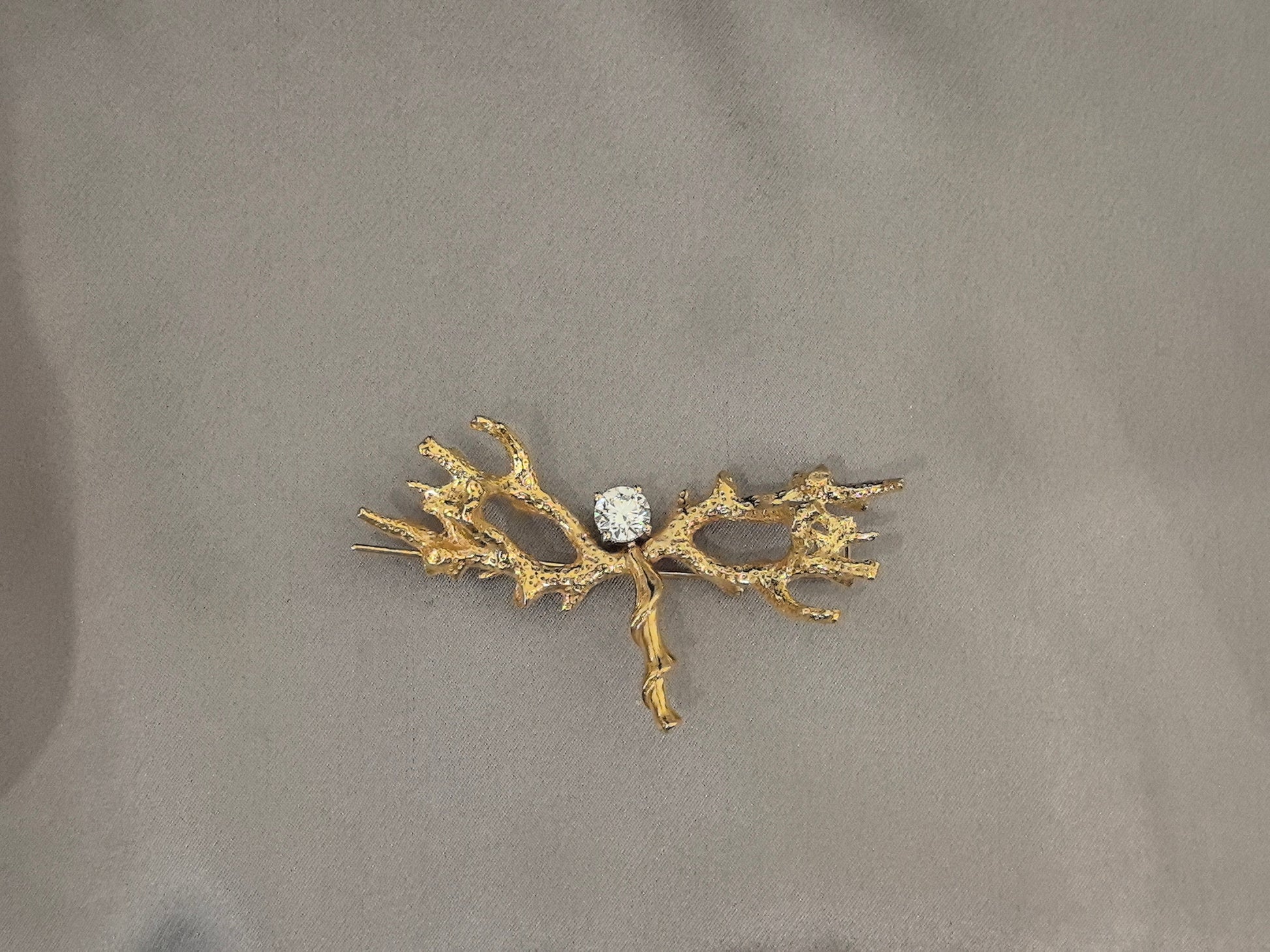 Twig & Branch Lab Diamond Brooch - Solid Yellow Gold Setting - Organic Twig & Branch Textured Design